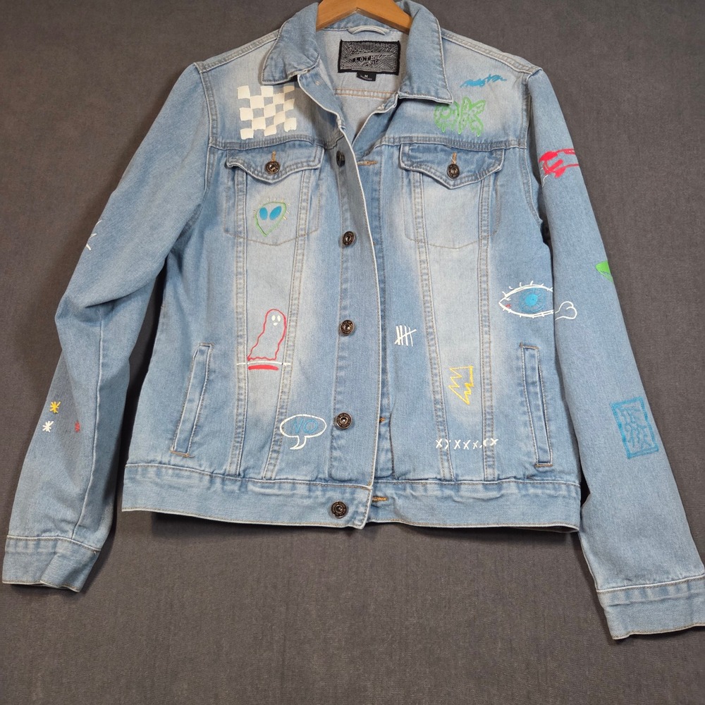 Brooklyn Cloth Denim Jacket Mens Medium Blue Savage Doodle Embroidered Street